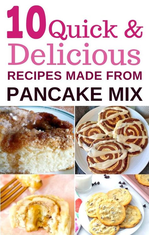 10 Easy recipes using pancake mix. Try these different things to make with pancake mix that are all unique and super delicious! From muffins, crepes and coffee cakes to cookies and more. Pancake Mix Ideas, Pancake Mix Muffins Recipe, Pancake Mix Recipe Ideas, Pancake Mix Uses, Easy Pancake Mix, Pancake Mix Muffins, Cake Mix Pancakes, Survival Recipes, Homemade Breakfast Recipes