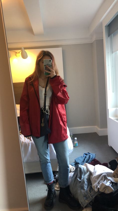 Red Rain Jacket Outfit, Red Windbreaker Outfit, Red Jacket Outfit Aesthetic, Windbreaker Jacket Outfit, Red Outfits Aesthetic, Rain Jacket Outfit, Jacket Outfit Aesthetic, Red Jacket Outfit, Red Rain Jacket