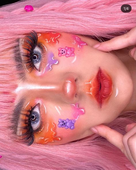 Candy Freckles Makeup, Pink Candy Makeup, Candy Makeup Halloween, Candy Themed Makeup Looks, Gummy Bear Makeup, Candycore Makeup, Candy Eye Makeup, Candy Theme Makeup, Candyland Makeup Ideas