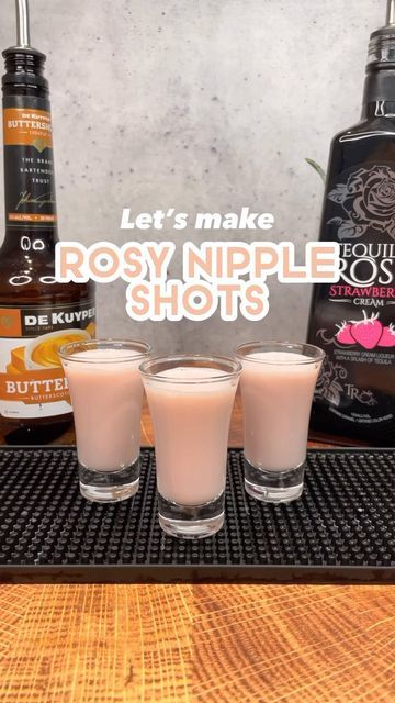 Derek Koza on Instagram: "Rosy Nipple Shots 🌹 Ingredients - Tequila Rose - Butterscotch Schnapps #cocktailrecipes #cocktails #cocktail #drinkrecipes #drinks #mixology #cocktailtime #drink #drinkstagram #cocktailporn #shots #shotrecipes" 50th Birthday Shots, Tequila Rose Pudding Shots, Tequila Rose Shots Recipes, Tequila Rose Shots, Tequila Shots Recipes, Tequila Rose Cocktails, Tequila Rose Recipes, Tequila Rose Drinks, Bartender 101