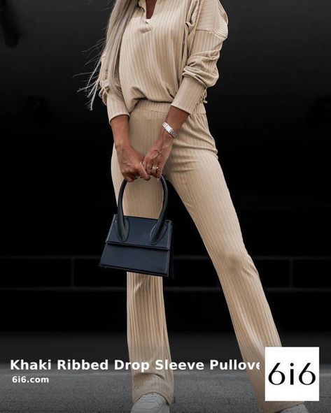 🍂✨ Elevate your wardrobe with our Khaki Ribbed Drop Sleeve Pullover and High Waist Pants Set! ✨🍂 - Enjoy the perfect blend of comfort and style with 65% Polyester, 30% Viscose, and 5% Elastane for a flattering fit. - The pullover features a chic ribbed texture, adding depth and interest, while the high-waist pants accentuate your figure effortlessly. - Dress it up with heels or keep it casual with sneakers—the versatility is endless! Snag yours now for just $49.54! 💸 Shop link in bio. #Fas... Leg Pants Outfit, Top And Pants Set, Casual Stylish, Ribbed Texture, Collar Top, Waist Pants, Color Khaki, Two Piece Outfit, Pants Outfit