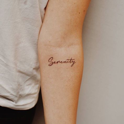 “Serenity” | Tattoofilter Serenity Cursive Tattoo, Name Tattoo On Forearm For Women, Serenity Tattoos For Women, Name Tattoos For Women Forearm, Serenity Tattoo Ideas, Forearm Name Tattoos For Women, Serenity Prayer Tattoo, Forearm Name Tattoos, Serenity Tattoo