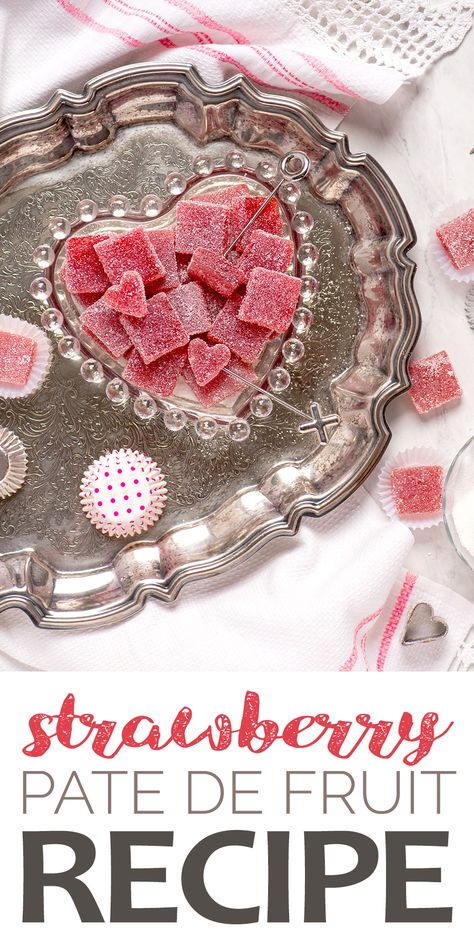 Strawberry Pate de Fruit, also called fruit jellies, are an inexpensive candy to make from scratch. It just takes a few simple ingredients and a candy thermometer to make this French confection at home. Fruit Jelly Candy Recipe, Gelee Recipe, Chocolate Confections, Fruit Jellies, French Candy, Make From Scratch, Jelly Candy, Fruit Fruit, Dairy Free Dinner