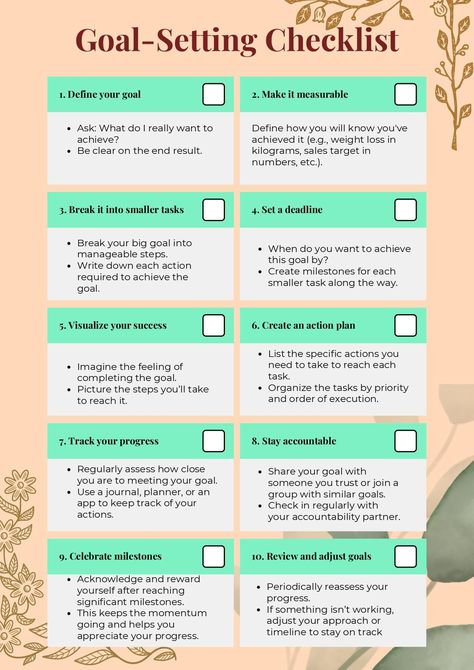 Achieve Your Dreams with Our Goal Setting Checklist This thoughtfully designed checklist will help you break down your big goals into manageable steps, ensuring you stay on track and make progress every day. Whether you're working on personal growth, career goals, or fitness aspirations, our checklist provides the structure you need to stay organized and motivated. Start setting your goals with clarity, purpose, and intention today! Set Your Goals, Achieve Your Dreams, Big Goals, Career Goals, Stay On Track, Staying Organized, Goal Setting, Stay Organized, Personal Growth