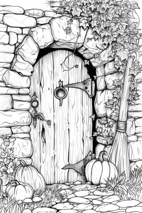 Fairy World Drawing, Fairy Door Drawing, Dungeon Drawing, Witches Door, Witch Sketch, Magical Artifacts, Witch Drawing, Witch Coloring Pages, Witch Room