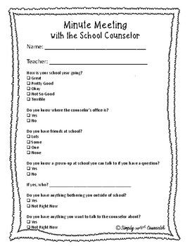 Minute Meeting for the School Counselor School Counseling Minute Meetings, Meet The School Counselor Activities, Meet The Counselor Middle School, Counselor Interview Questions, Middle School Counselor Must Haves, Minute Meetings School Counselor, Career Lessons For Elementary, Middle School Counselor Lessons, School Counselor Ideas