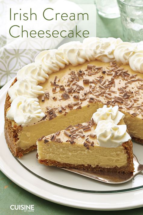 With an oatmeal crust and a creamy Irish whiskey center, this cheesecake is sure to make everyone feel a little bit Irish from the first bite. Cheesecake is a simple dessert that always impresses. This one gets its rich flavor from Irish cream, but its creamy texture from baker’s skill. So yours is swoon-worthy, take… Guiness Cheesecake Recipes, Irish Cream Cheesecake Recipes, Irish Cheesecake, Cheesecake Business, Irish Cream Cheesecake, Baileys Irish Cream Cheesecake, Meringue Buttercream Frosting, Irish Cake, Oatmeal Crust