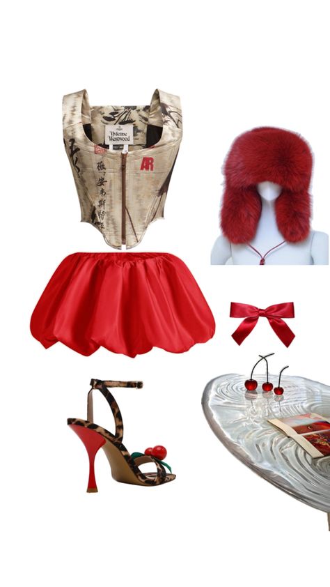 Red puff skirt, red balloon skirt, corset top, corset, cherry heels, fur hat, outfit inspo Skirt And Corset Outfit, Corset Top And Skirt Outfit, Fur Hat Outfit, Top And Skirt Outfit, Corset Top And Skirt, Skirt And Corset, Red Corset Top, Skirt Corset, Corset Top Outfit