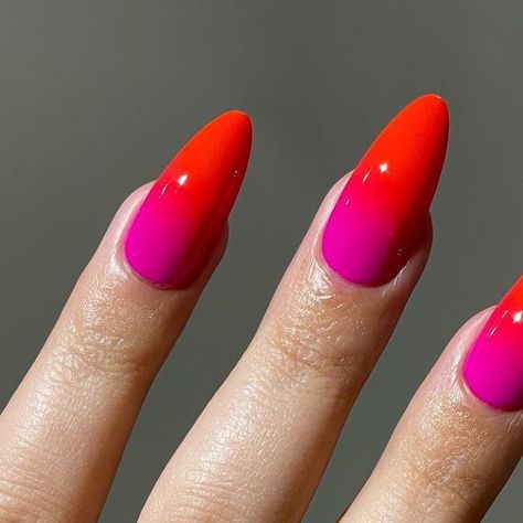 Overglowedit Nails, Orange And Fuschia Nails, Pink Red Ombre Nails, Ombré Nails, Fuschia Nails, Mac Nails, Orange Ombre Nails, Red Ombre Nails, Sunset Nails