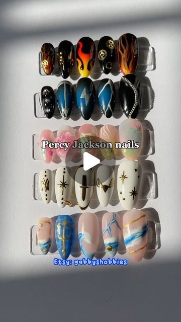 @gabbys.hobbies on Instagram: "Percy Jackson nails 🌊🔱  #percyjackson #percyjacksonandtheolympians #percyjacksonfanart #percyjacksonfandom #pjo #pjofanart #pjofandom #annabethchase #groverunderwood #thaliagrace #leovaldez #nailsnailsnails #nailart #naildesign #nailartist" Percy Jackson Nails Ideas, Percy Jackson Inspired Nails, Percy Jackson Nail Art, Percy Jackson Nails Designs, Percy Jackson Nails, Thalia Grace, Percy Jackson Fan Art, Percy Jackson Memes, Leo Valdez