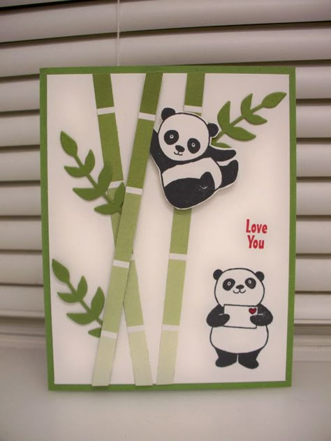 Party Pandas by D. Daisy - at Splitcoaststampers Paint Chip Cards, Panda Birthday Cards, Bamboo Panda, Panda Card, Panda Party, Daisy Cards, Paint Sample, Paint Chip, Bday Cards