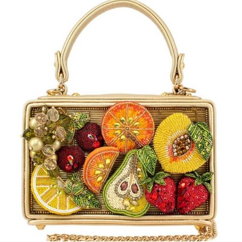 Mary Frances Mixed Fruit Bag Top Handle Handbag Nwt Mary Frances Has Designed This Elegant Handbag With A Delightful Array Of Exquisitely Beaded Cherries, Grapes, Oranges, Peaches, Pears, And Strawberries; Creating A Luscious And Whimsical Fruit-Themed Motif. This Handheld Bag Effortlessly Combines Sophistication With A Playful And Fruity Charm. 8.25 X 2.25 X 5" Handle Length End To End: 10.5" | Drop: 4.25" Removable Chain Strap Length: 49" | Drop: 23 " Non-Removable Top Handle, Removable Crossb Fruit Bags, Mary Frances Olive Green Brown Handbag, Mary Frances Black Green Orange Handbag, Elegant Yellow Beaded Bag, Mary Frances Purses, Elegant Multicolor Beaded Bag, Mary Frances Bags, Mary Frances Handbags, Unusual Handbags