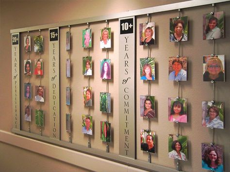 Employee recognition wall display with acrylic framed photographs and customized sign panels suspended on 10mm rod display system mounted between horizontal rails. Meet The Staff Wall, Staff Photo Wall, Employee Recognition Board, Photo Wall Display, Modular Display, History Wall, Office Details, Staff Room, Timeline Design