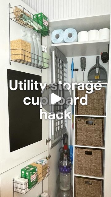 B&Q on Instagram: "ad I’ve always wanted a separate utility room, but that won’t be happening for the foreseeable future, so it was time to get creative!  With @bandq_uk ’s help, I transformed this cupboard (of doom) into an organised and practical mini-utility room with a place for everything. And because I know you love a good DIY hack, here are my faves from this project…  • Back-of-the-door storage compartments save space and double up as useful dispensers for rolls of bags. • Chalkboard paint and a Harris paintbrush created a handy, hidden noticeboard for family ‘to-do’s and reminders.  • I tied the chalk to the metal storage so it can’t get lost. • I wall-mounted the cleaning items so they don’t fall over (& out of the cupboard onto my foot like usual!) • A wall-mounted hook made t Utility Storage Cabinet Kitchen, Utility Cupboard Ideas, Small Utility Storage, Utility Storage Ideas, Laundry Cupboard, Vacuum Cleaner Storage, Utility Room Storage, Airing Cupboard, Utility Closet