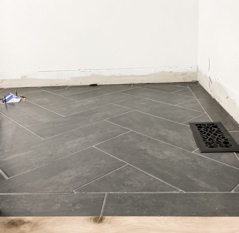 HERRINGBONE IN THE POWDER BATHROOM – With Love, Mercedes Bathroom Charcoal Floor, 12x24 Herringbone Floor Tile, 12x24 Herringbone, Herringbone Floor Bathroom, Dark Bathroom Floor Tile, Black Floor Bathroom Ideas, Tile Herringbone Floor, Herringbone Bathroom Floor, Slate Bathroom Floor