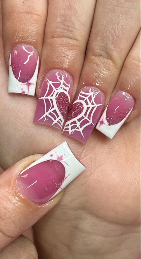 spiderman nails | white french tip nails | sparkly pink nails | spiderman nails | star design nails | glitter nails | heart spiderweb nails | cobweb nails | halloween nails | acrylic | gel | gel x | nail art | coffin nails | shape nails | Spiderman Nails, Marvel Nails, Short Nail Manicure, Fake Nails Designs, Halloween Acrylic Nails, Cute Simple Nails, Girly Acrylic Nails, Short Square Acrylic Nails, Really Cute Nails