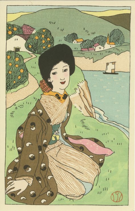 Cove of Oranges by Takehisa Yumeji, 1963 Takehisa Yumeji, Scene Art, Japanese Prints, Japanese Culture, Fine Art, Disney Characters, Art