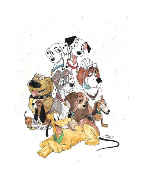 Disney Dogs Drawing, Disney Inspired Tattoos, Bubbles Wallpaper, Disney Dogs, Twisted Disney, Ink And Watercolor, Disney Artwork, Dog Print Art, 11x14 Print