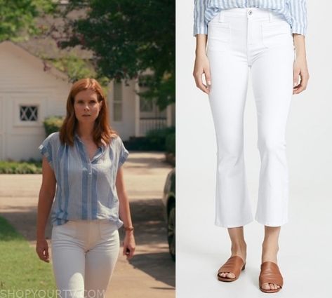 Sweet Magnolias: Season 1 Episode 8 Maddie's White Flare Jeans | Shop Your TV Sweet Magnolias Aesthetic, Maddie Sweet Magnolias Outfits, Sweet Magnolias Outfits, Mom Style Spring, Southern Style Outfits, White Flared Jeans, Sweet Magnolia, Personal Style Inspiration, Summer Work Outfits