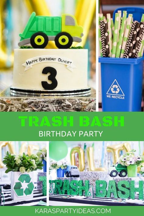 Recycling Birthday Party Ideas, Trash Bash Food Ideas, Recycle Birthday Party, Garbage Truck Birthday Party Ideas, Trash Themed Birthday, Trash Truck Birthday Party Ideas, Boy 3rd Birthday Party Ideas, Trash Bash Birthday Party, Garbage Truck Birthday