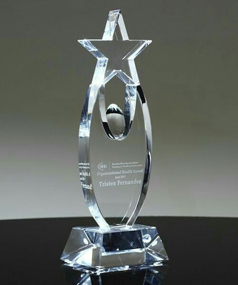 Curve shape Clear Optical Crystal Star Trophy Award. A great recognition award for top performer or achievers. #crystal #star #trophy #award Awards Certificates Design, Visual Advertising, Acrylic Cake Stands, Star Trophy, Acrylic Trophy, Plaque Design, Award Ideas, Crystal Awards, Trophy Design