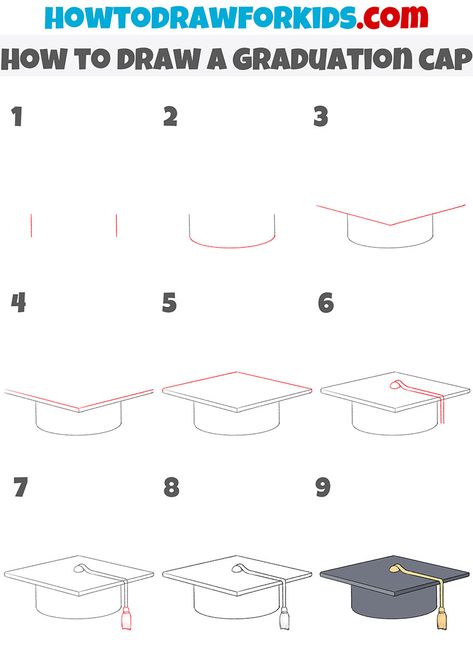 How to Draw a Graduation Cap - Easy Drawing Tutorial For Kids How To Draw A Graduation Cap Easy, Graduation Cap Drawing Easy, How To Draw A Graduation Cap, Graduation Hat Drawing, Graduation Cap Tutorial, Grad Cap Drawing, Graduation Drawing Ideas, Graduation Cap Drawing, Graduation Drawing