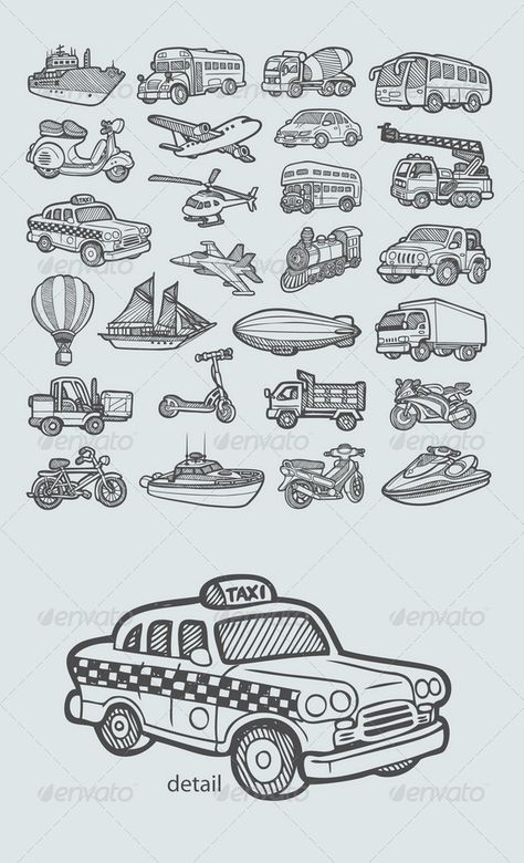 Transportation Icons Sketch    #doodle #transport #taxi #boat #bicycle # scooter #balloon #truck #motorcycle #ship #airplane #firetruck #train #jeep #helicopter Taxi Drawing, Storyboard Illustration, Human Figure Sketches, Perspective Drawing Lessons, Single Line Drawing, Motor Cycle, Figure Sketching, Black Ink Tattoos, Bullet Journal Doodles