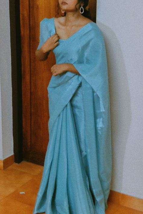 Saree With Boots, Blue Saree Aesthetic, Wedding Saree Blue, Ice Blue Saree, Blue Indian Dress, Light Blue Saree, Satin Blouse Designs, Saree Colors, Plain Blouse Designs