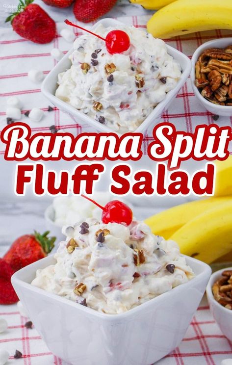 This Banana Split Fluff is a thick, crunchy, and creamy dessert salad filled with fresh fruit like pineapple, cherries, bananas, and strawberries. Great summer recipe. #recipes #dessert Easy Ambrosia Salad, Banana Split Fluff Salad, Banana Split Fluff, Dessert Dip Recipes, Creamy Fruit Salads, Fluff Salad, Banana Split Dessert, Banana Pudding Cake, Banana Pudding Cheesecake