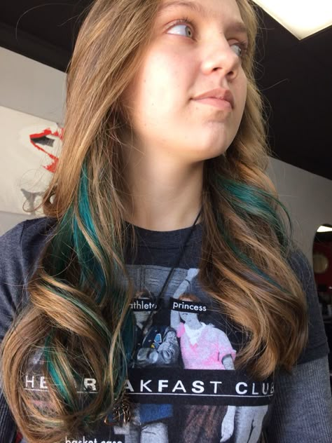 Gorgeous Teal peekaboo highlights Teal Peekaboo Highlights, Brown Hair Peekaboo, Teal Peekaboo, Blue Highlights In Brown Hair, Teal Hair Highlights, Hair Peekaboo, Blue Peekaboo, Highlights In Brown Hair, Teal Highlights