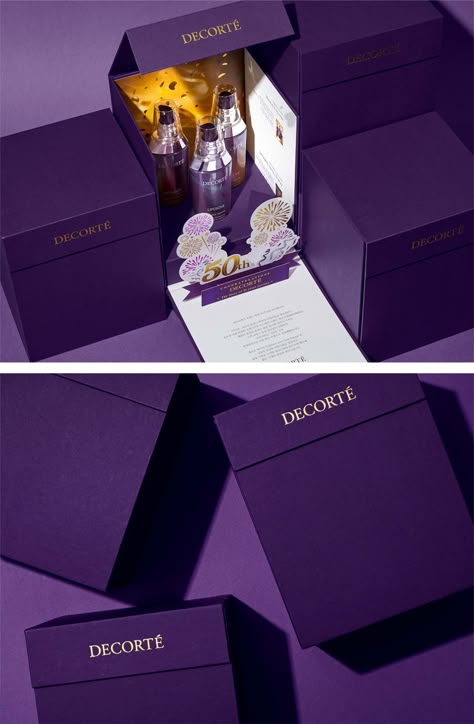 DECORTE 50TH ANNIVERSARY PROMOTION PACKAGE on Behance Royal Packaging Design, Unique Perfume Packaging, Purple Packaging Design, Packaging Design Inspiration Boxes, Perfume Branding Design, Royal Packaging, Elegant Packaging Design, Package Aesthetic, Purple Branding