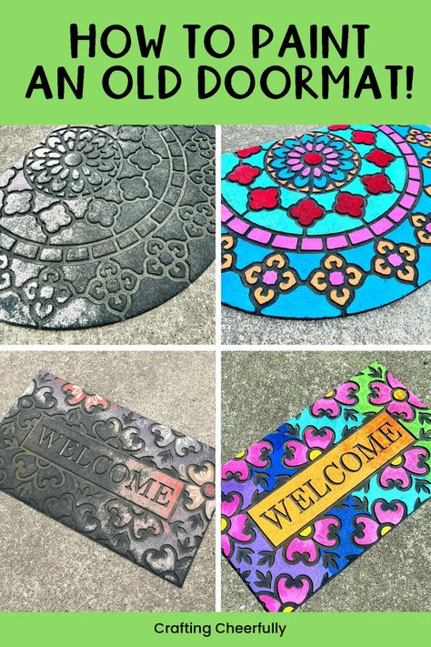 Rubber Door Mat Ideas, Painted Porch Rugs Diy, Painting An Outdoor Rug, How To Paint An Outdoor Rug, Painting Outdoor Rug Diy, Painted Porch Rug, Painting Rugs Diy, Diy Outdoor Door Mat, Painting Rugs Diy Outdoor