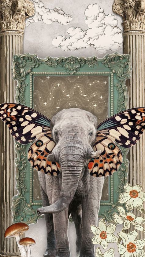 #elegant #elephant #butterfly #wings #fairycore #castle #nature #aesthetic #art #vintage #vibes #fairy #fairytale #cottagecore Elephant Collage Art, Fairycore Castle, Nature Aesthetic Art, Aesthetic Elephant, Elephant Collage, Aesthetic Art Vintage, Fairytale Cottagecore, Elephant Aesthetic, Elephant Butterfly