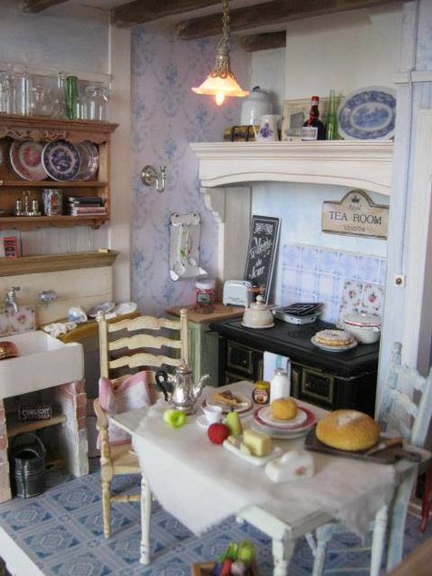 by A Lavender Dilly Miniatures. Old Fashioned Kitchen, Doll House Kitchen, Dollhouse Miniatures Kitchen, Dolls House Interiors, Kitchen And Dining Room, Miniature Rooms, Mini Kitchen, Miniature Kitchen, Dollhouse Kitchen