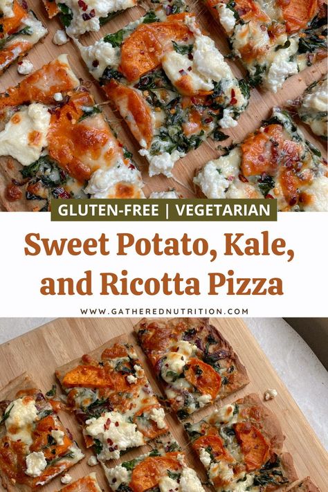 The most perfect Fall pizza! Made with your favorite gluten free pizza crust, ricotta, kale, sweet potato, red onion, and melty cheese. It tastes exactly as heavenly as it sounds, if you’re wondering. This pizza is seriously DREAMY! Sweet Potato Pizza Topping, Smashed Sweet Potato Pizza, Pumpkin Ricotta Flatbread, Ricotta Sweet Potato, Butternut Squash Ricotta Pizza, Potato Pizza Recipe, Fall Pizza, Kale Pizza, Sweet Potato Pizza