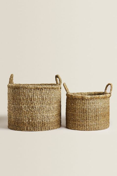 SEAGRASS BASKET WITH HANDLES - Brown | ZARA United States Living Room Baskets, Folding Laundry Basket, Wastepaper Basket, Rectangular Baskets, Jute Basket, Folding Laundry, Wood Basket, Seagrass Basket, Woven Baskets Storage