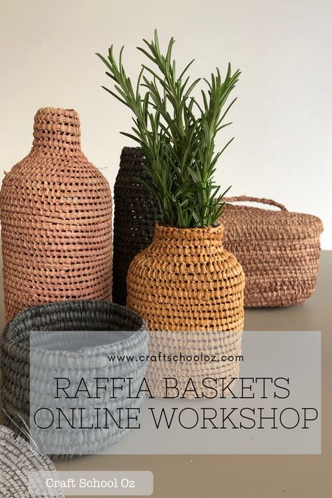 Raffia baskets online workshop. Learn how to make these coiled bottles in our professional developed and informative raffia basket workshop. Raffia Crochet Basket, Raffia Crafts Projects, Raffia Ideas, Raffia Crafts, Raffia Basket, Weaving Baskets, Weaving Diy, Basket Weaving Diy, Diy Boho Decor