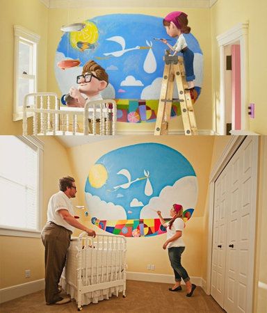 Carl & Ellie's Nursery - UP http://thegoodness.com/our-anniversary-photo-shoot-at-the-up-house/ Up Inspired Nursery, Up Room Decor Disney, Up Movie Nursery Theme, Disney Up Nursery Theme, Cartoon Nursery Themes, Pixar Up Nursery, Nursery Ideas Disney Themed Rooms, Disney Up Nursery, Up Nursery Theme