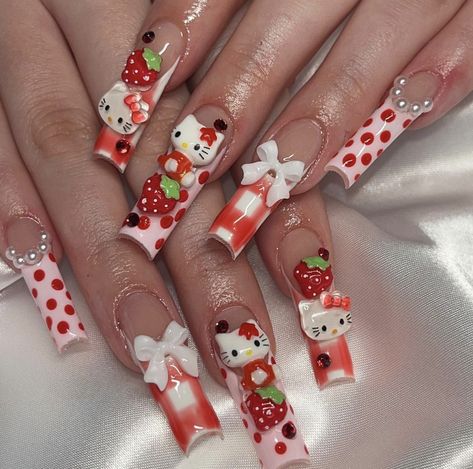 credit: @nailzbydianita┊instagram ¡ १ Nail Ideas Polygel, Long Nails Design, Melody Anime, Paznokcie Hello Kitty, Anime Y2k, Press On Nails Long, Kitty Nails, Long Nail Designs, Coffin Press On Nails