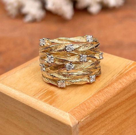 Estate/ Vintage, Designer, 14KT Yellow Gold Prong-Set White Diamond Textured Effect, Wide, Cigar Band Ring Large, statement -getting piece! Size 6 Can be sized  Wide Band Tapers only slightly in back 12.5 grams 14KT yellow gold stamped Approx 1.00 carat round, prong set Diamonds G, H, I Color; I Clarity 3D Ring Measures 11/16” Width Scattered Set white diamonds on a high textured, hammered yellow gold ring, basket weave, twisted design ring. Other pieces such as textured earrings, bracelets pendants also available. Dramatic Effect/Look  Stamped Hallmarked Please take a look at our other jewelry items. Int'l buyers, please be advised that in addition to any shipping charges they may be custom and/or brokerage fees required for importing into your country. These are the buyer's responsibilit Diamond Gold Rings, Jewelry Van Cleef, Ring Basket, Saint Jewelry, Statement Rings Diamond, Womens Rings Fashion, Gold Statement Ring, Gold Ring Designs, Cubic Zirconia Jewelry