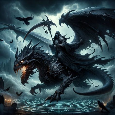 "Riding the dragon of darkness through the abyss. 🐉💀 #NightmareUnleashed" #darkart #grimreaper #dragon #eerie #creepy #horrorart #supernatural #darkfantasy #gothicart #nightmare #macabre #spooky #gloomy #mystical #cryptic #haunting #darkness #evil #shadowrealm #sinister #scary #darkvibes #hellish #mythicalcreature #raven #darkrider #apocalyptic Evil Dragon, Evil King, Grim Reaper Art, Wildest Fantasy, Dragon Artwork Fantasy, The Abyss, Dragon Pictures, Screen Saver, Dragon Artwork