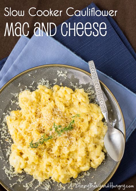 Slow Cooker Cauliflower Mac and Cheese | DizzyBusyandHungry.com - Easy, cheesy, nutritious, and sure to please even picky eaters! Slow Cooker Cauliflower, Crockpot Mac N Cheese Recipe, Easy Mac N Cheese, Crockpot Mac And Cheese, Cheesy Mac And Cheese, Cauliflower Mac And Cheese, Easy Cheesy, Mac N Cheese Recipe, Cauliflower Recipes