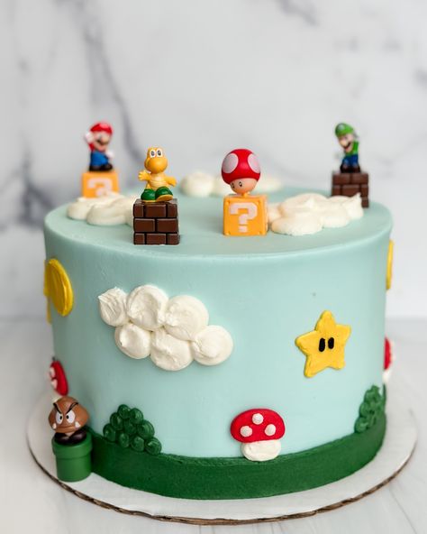 Newest cake on the website: Super Mario! 🍄⭐️ . . . . #hollywoodbakedgoods#EatHBG#seattlewedding#seattlebakery#seattlebaker#seattleeats#bestfoodseattle#seattlefood#seattlecakes#bakery#baking#pnwlife#seattle#bellevue#kirkland#totemlake#customcakes#cakedecorating#supermario Simple Mario Party, Super Mario Cake Table, Mario Diy Cake, Simple Super Mario Birthday Cake, Super Mario Smash Cake, Easy Mario Cakes Birthday, Mario Birthday Party Cake Easy, Mario Smash Cake, Diy Mario Cake Easy