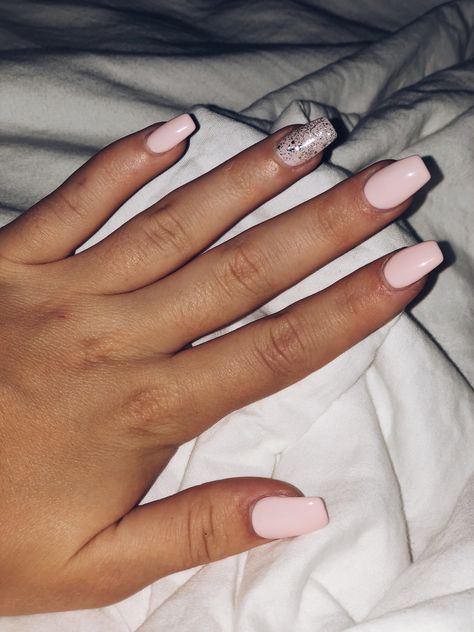 Light Pink Silver Nails, Light Pink Nails With One Glitter Nail, Short Coffin Light Pink Nails, Light Pink Nails For Hoco, Light Pink Nails With Accent Nail, Pink With Sparkle Nails, Nails With Sparkles Accent, Light Pink Homecoming Nails, Pink Hoco Nail Ideas