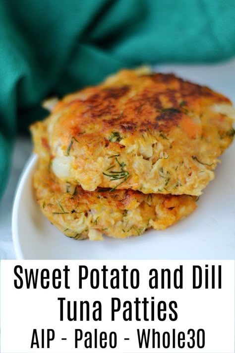 Sweet Potato and Dill Tuna Patties (AIP/Paleo/Whole30) * Lichen Paleo, Loving AIP Egg Free Tuna Patties, Aip Tuna Patties, Quick And Easy Aip Recipes, Sweet Potato Tuna Patties, Paleo Tuna Recipe, Pescatarian Paleo Recipes, Quick Gut Healthy Meals, Aip Avocado Recipes, Aip Tuna Recipes