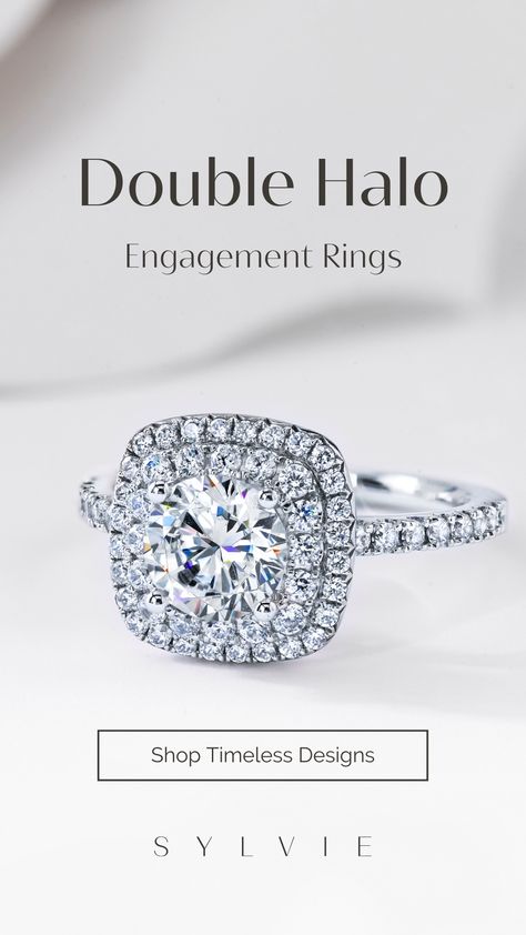 These breathtaking Double Halo Engagement Rings feature a brilliant center stone nestled in a halo with not one, but two rows of dazzling diamonds. Whether you prefer a Round, Oval, Cushion, Pear, Emerald, or Princess cut, a double halo will really let the center stone shine. Create a glamorous and showstopping wedding set, combining these appealing double halo engagement rings with any Sylvie diamond wedding band. Double Halo Engagement Rings, Halo Collection, Double Halo Engagement Ring, Double Halo Engagement, Halo Engagement Ring Sets, Symbol Of Love, Double Halo, Band Engagement Ring, Halo Engagement Rings