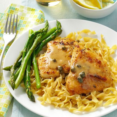 Easy Chicken Piccata Recipe -My chicken dish is ready to serve in a half hour. It takes just a few minutes in the oven to bake to tender perfection. —Hannah Williams, Malibu, California Easy Chicken Piccata, Chicken Piccata Pasta, Piccata Recipe, Chicken Piccata Recipe, Chicken Entrees, Chicken Piccata, Baked Chicken Breast, Chicken Crockpot Recipes, Poultry Recipes