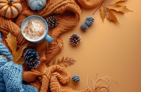 Cozy Autumn Scene With Knitted Scarves, Pumpkins, And A Cup Of Coffee Coffee Cover Photo Facebook, Cozy Coffee Photography, Autumn Coffee Wallpaper, Autumn Coffee Photography, Cozy Blanket And Coffee, Aesthetic Colour, Coffee Autumn, Knight Logo, Photo Facebook