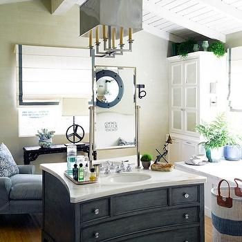 Double Sided Vanity, Eclectic, bathroom, Jeffrey Alan Marks Neutral Bathrooms, Farmhouse Backsplash, Bathroom Vanity Designs, Eclectic Bathroom, Freestanding Vanity, Herringbone Backsplash, Future Job, Diy Backsplash, Vanity Design