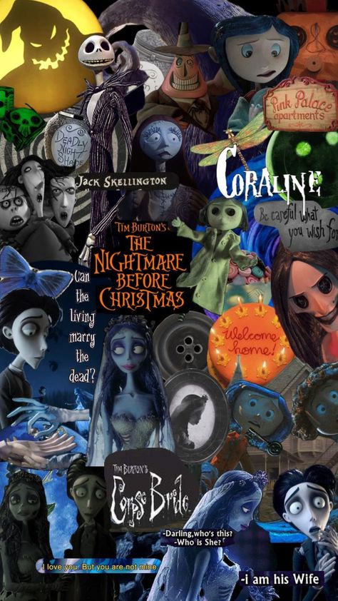 Phone Wallpaper Spooky, Coraline Aesthetic, Tim Burton Characters, Nightmare Before Christmas Wallpaper, Halloween Wallpaper Iphone Backgrounds, Halloween Wallpaper Backgrounds, Halloween Wallpaper Cute, Tim Burton Art, Tim Burton Films